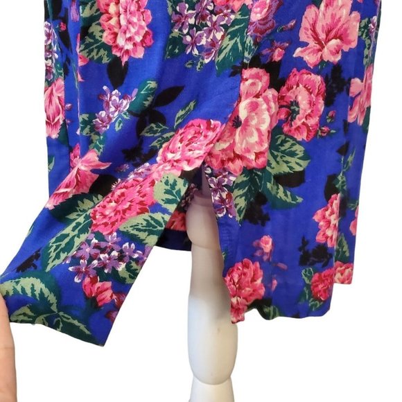 Vintage 80s Blouson Floral Longsleeve Secretary Dress Pockets‎ Blue Sz Small - Picture 5 of 8